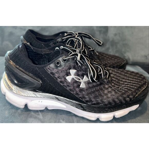 Under Armour SpeedForm Gemini 2 running shoe in a black, white, and metallic sil - Picture 1 of 8
